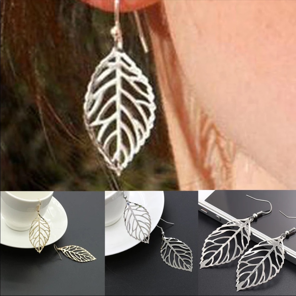 • Brynn • Delicate Leaf Drop Earrings - Picture 2 of 7